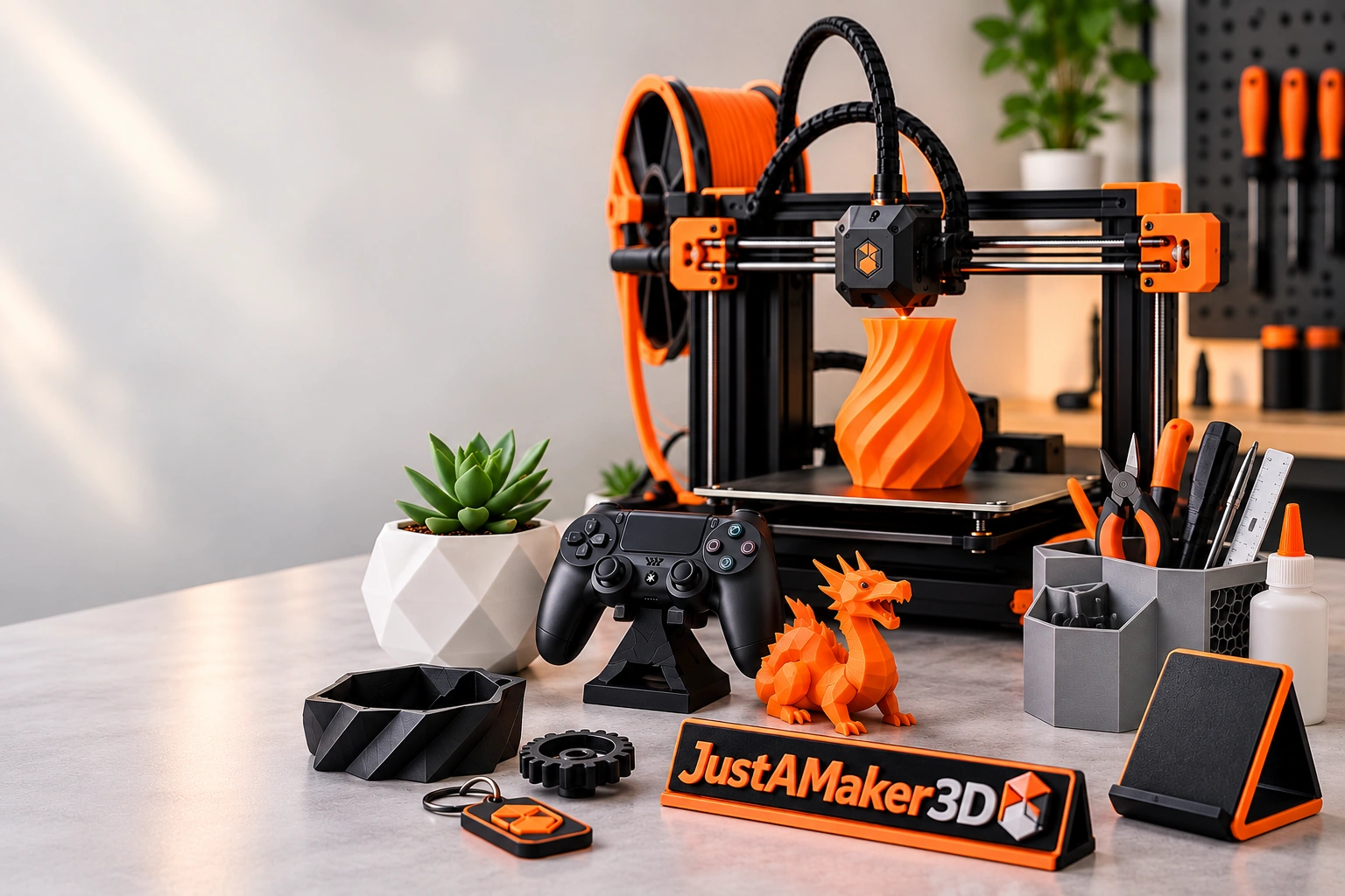 3D printer producing a custom orange print at the JustAMaker3D workshop.